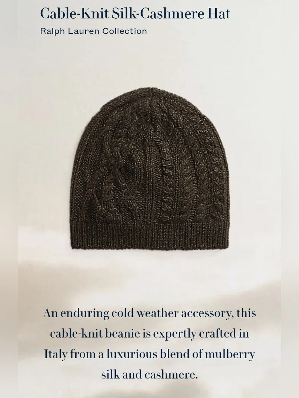 Ralph Lauren NOWT Purple Label Cable-Knit Silk-Cashmere Beanie Hat.